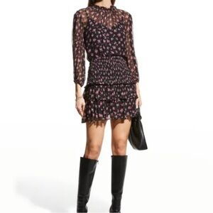 NWT Shoshanna Vivien Floral Print metallic Chiffon Smocked Mini ruffle Dress 8